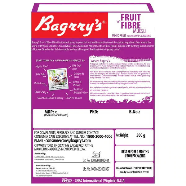 Bagrry's Fruit 'n Fibre Muesli with Mixed Fruit - Distacart