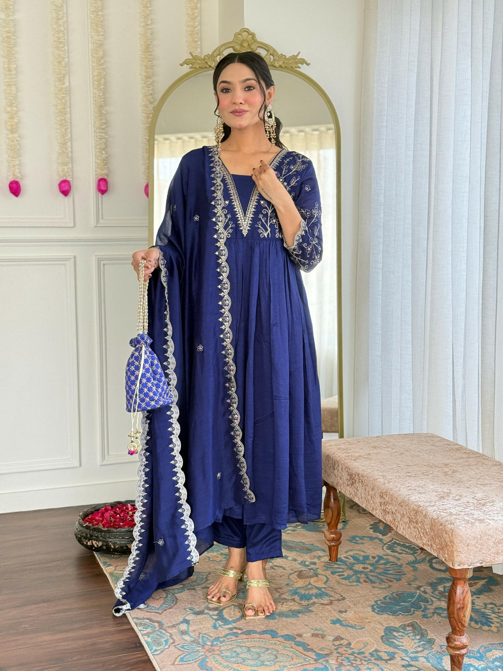 The52 Blue Women's Beautiful Embroidered Vichitra Silk Fabric with Flared Kurta, Pant and Dupatta Set - Distacart
