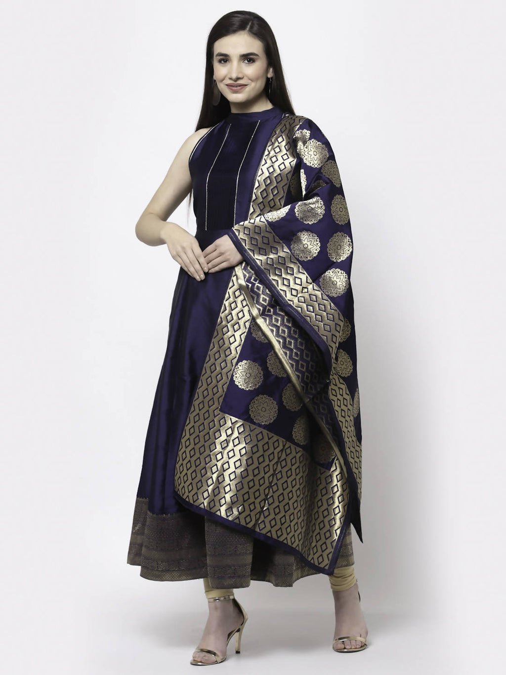 Myshka Women Blue Silk Blend Sleeveless Round Neck Gown With Dupatta