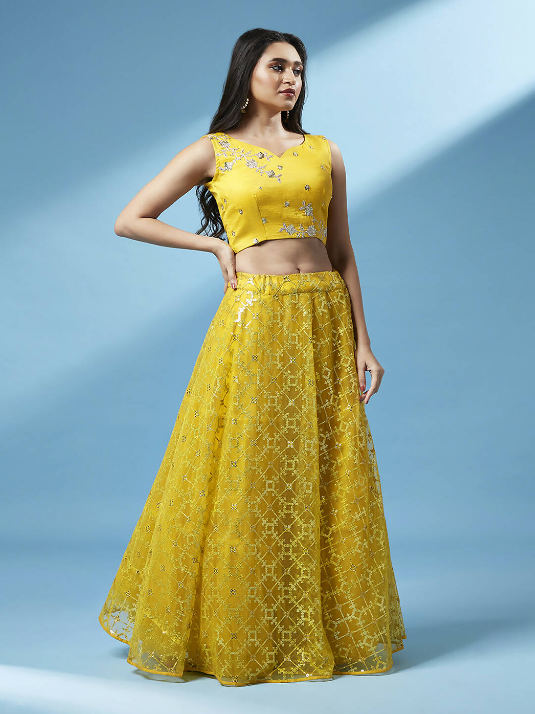 House of Panchhi Mustard Net Sequinse Work Lehenga & Blouse, Dupatta