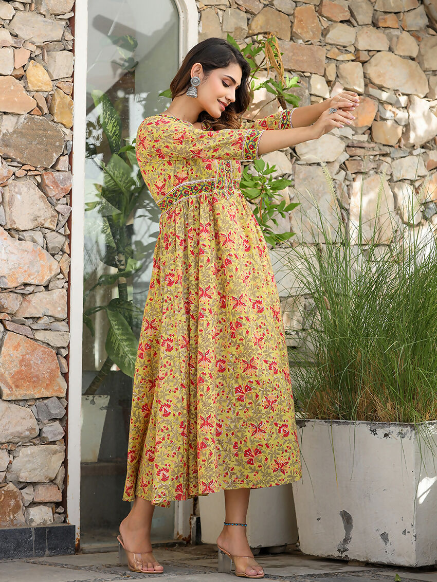 Kaajh Women's Mustard Printed Cotton Handblock Dress - Distacart