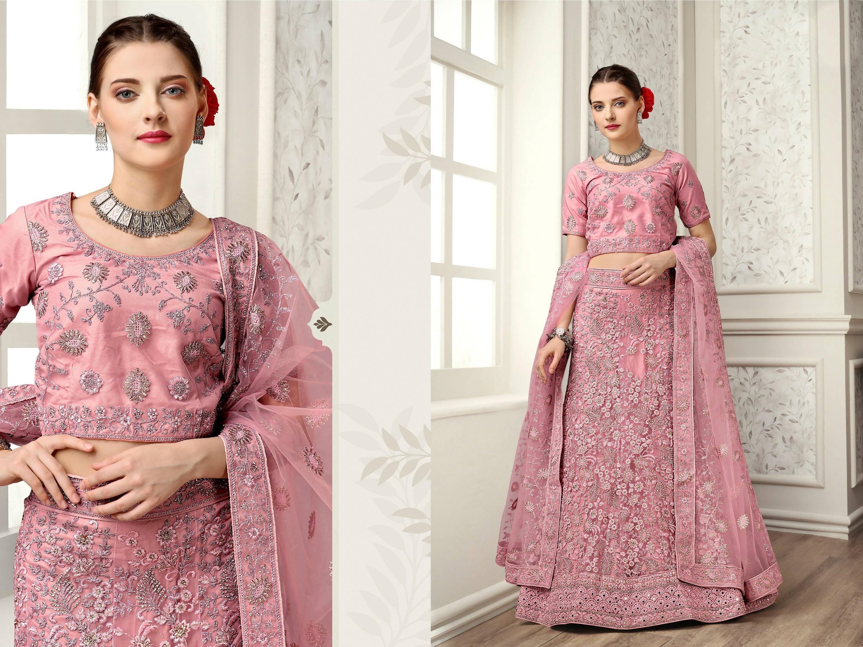 Peach Net Fancy Zari Embroidered work Lehenga Choli with Dupatta - Heer