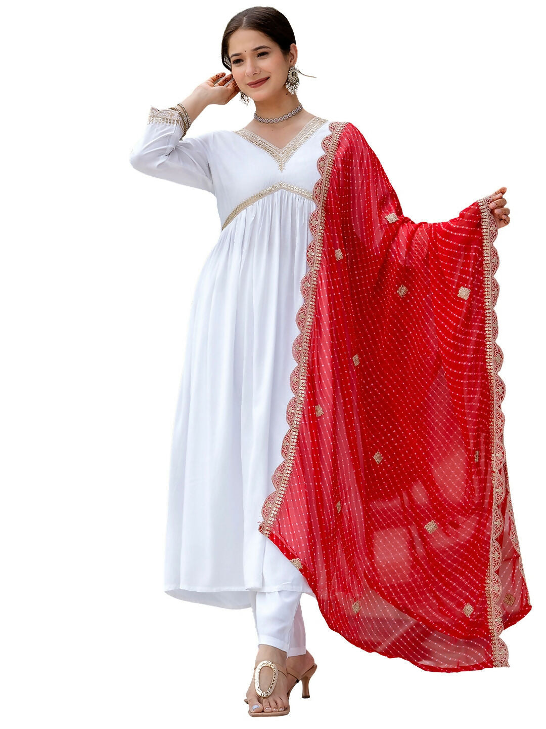 The52 White Women's Gorgeous Embroidered Chanderi Fabric Straight Kurta, Pant and Dupatta Set - Distacart
