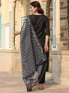 Juniper Women's Black Silk Solid Embroidered Kurta Set - Distacart