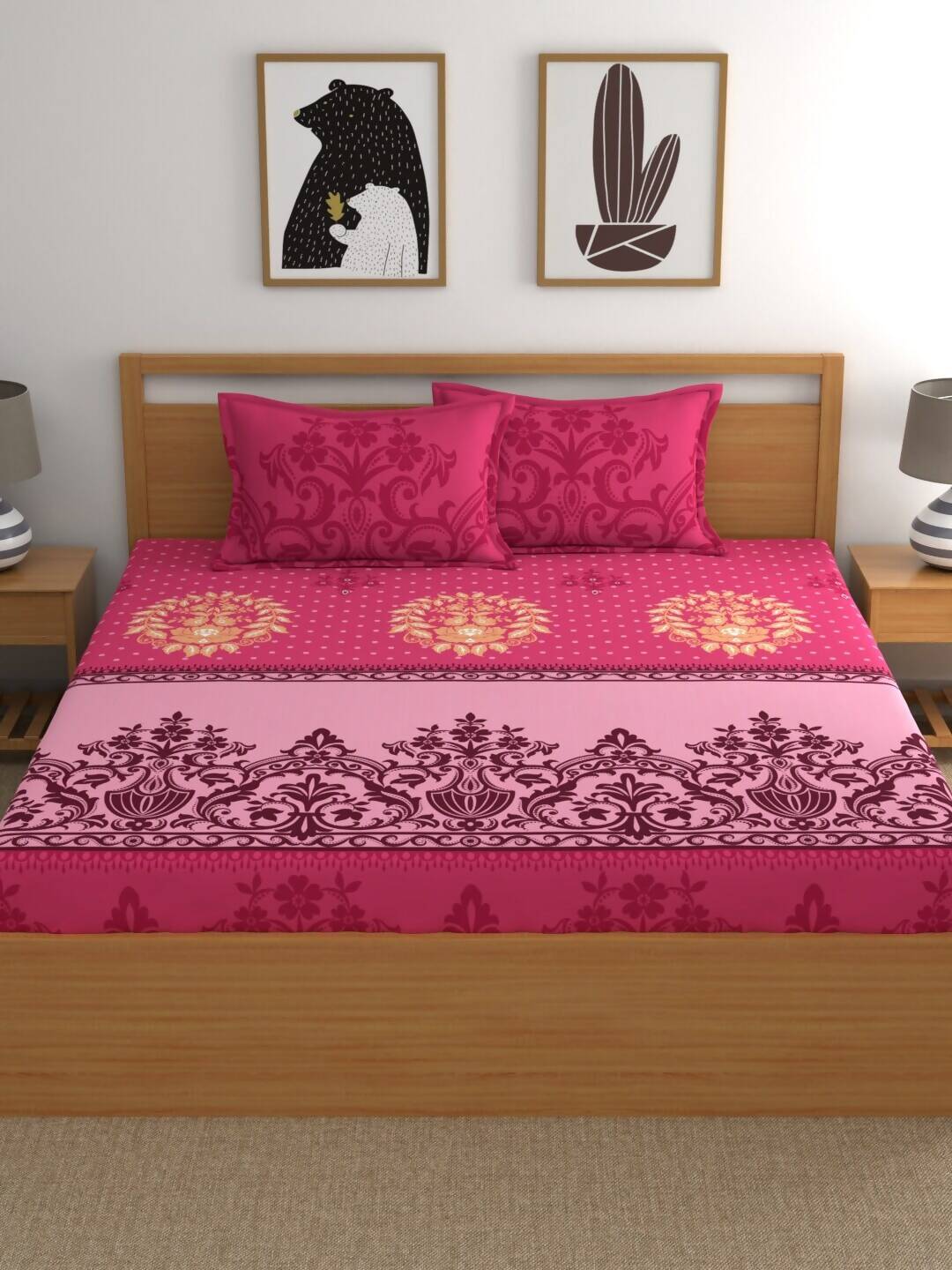 Dreamscape Pink & Beige Ethnic Motifs 144 TC Bedsheet with Pillow Covers