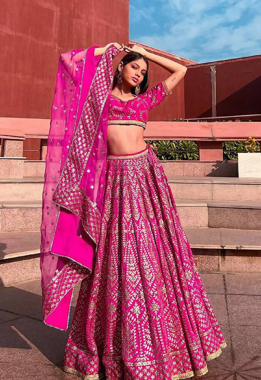 Jyoti Fashion Glamorous Rani Pink Chapat Zari and Dori Embroidered Malai Satin Silk Lehenga Choli with Dupatta