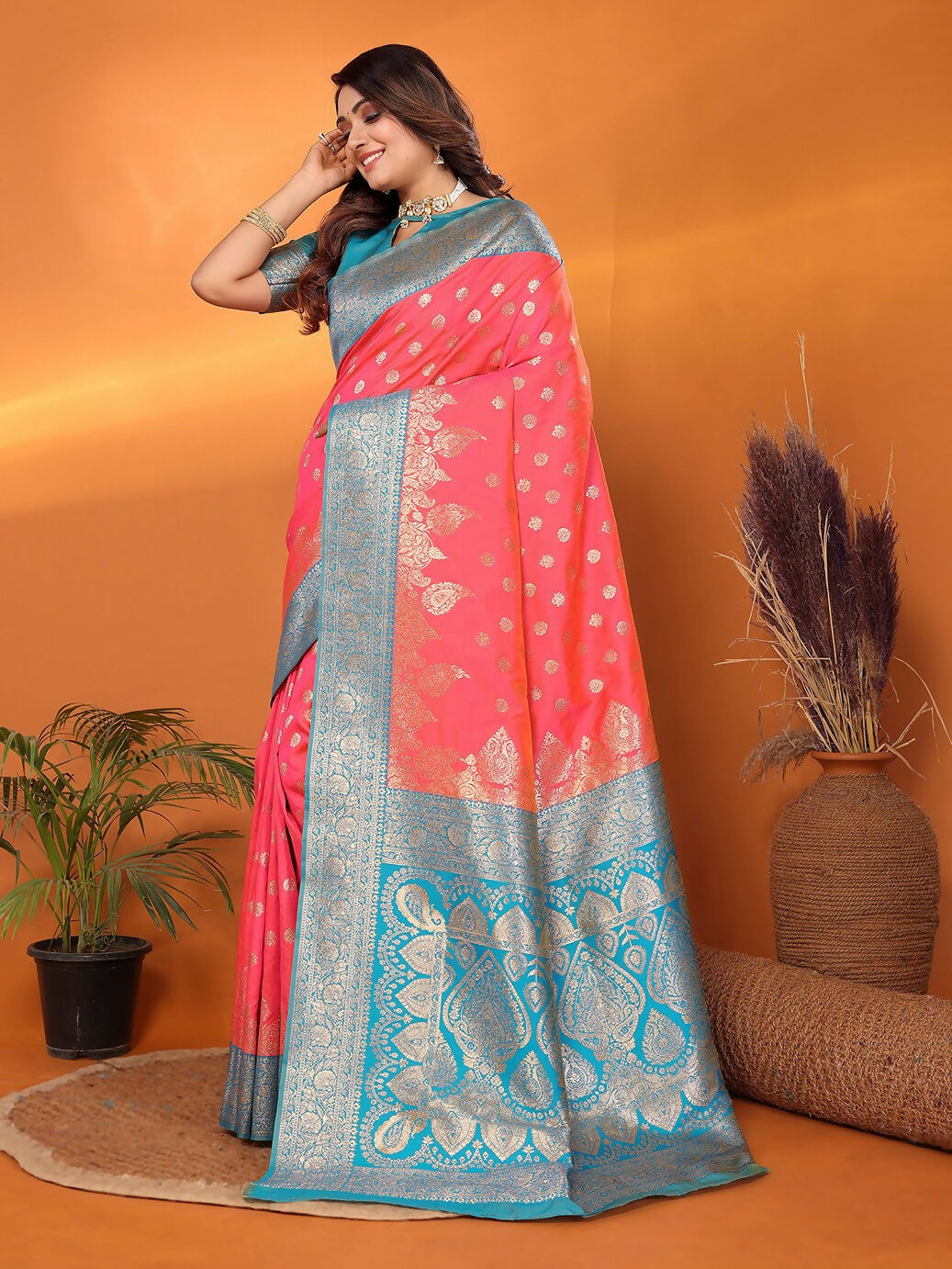 Joban Fashion Banarasi Pink Woven Soft Silk Saree - Distacart