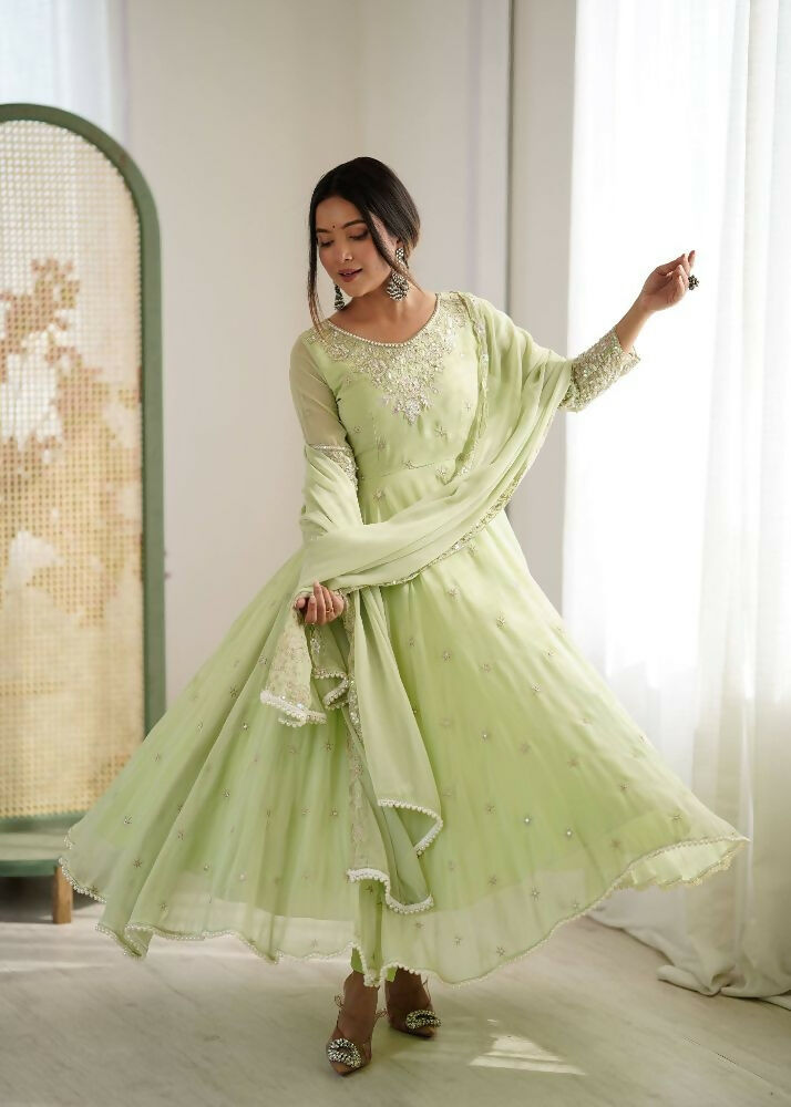 Teeya Creation Pista Color Faux georgette Embroidery Work Wedding Wear Gown - Distacart