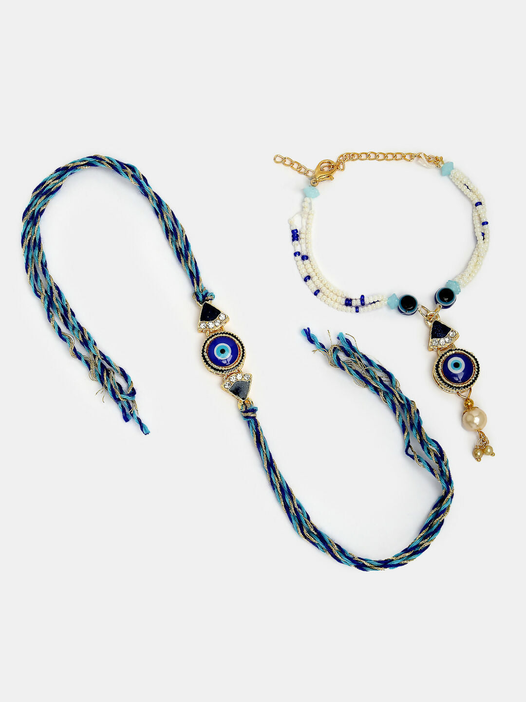 NVR Women & Men Set of 2 Blue Evil Eye Bhaiya Bhabhi Rakhi With Roli Chawal & Chocolate - Distacart