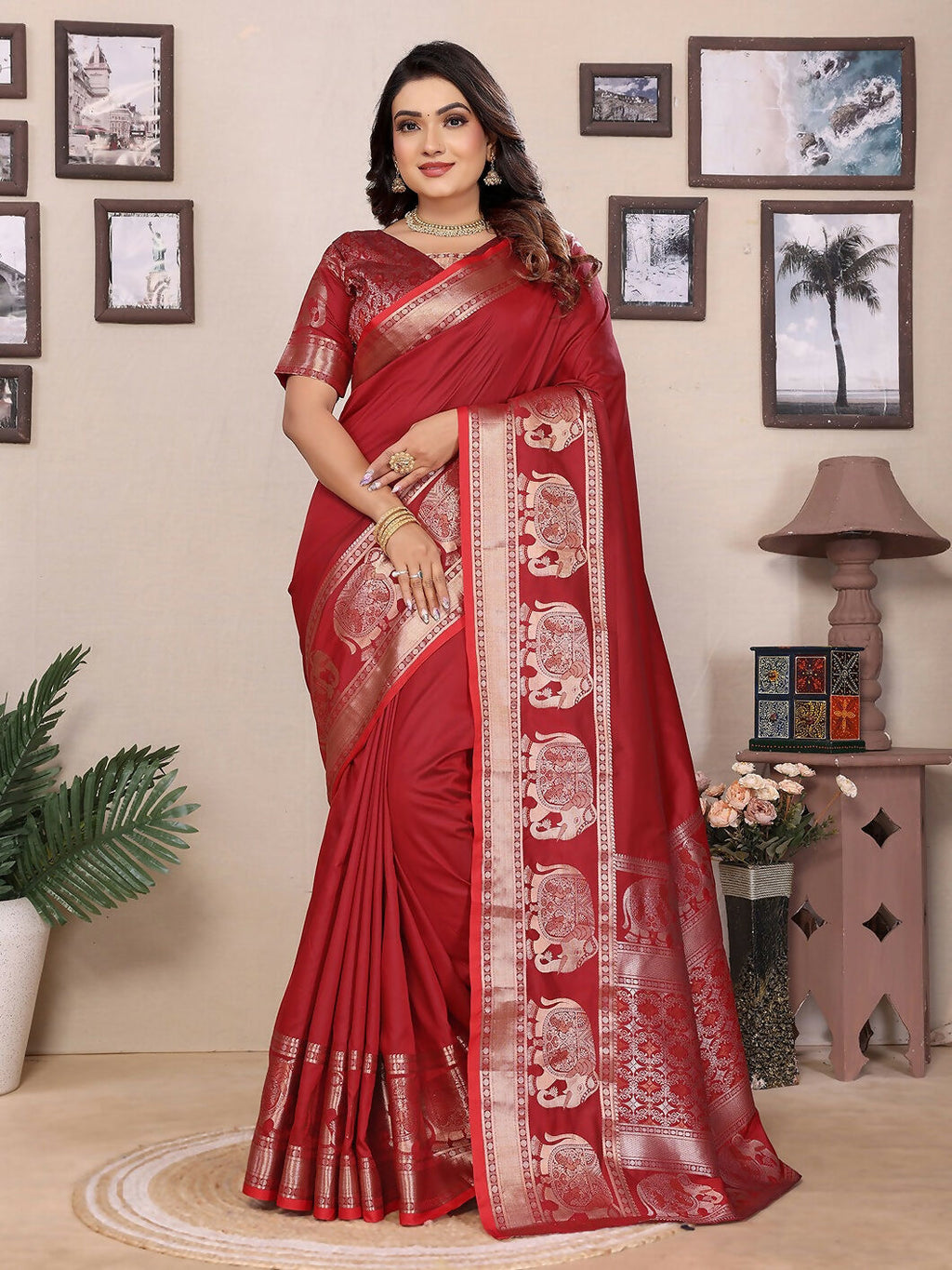 Joban Fashion Red Solid Banarasi Silk Sarees