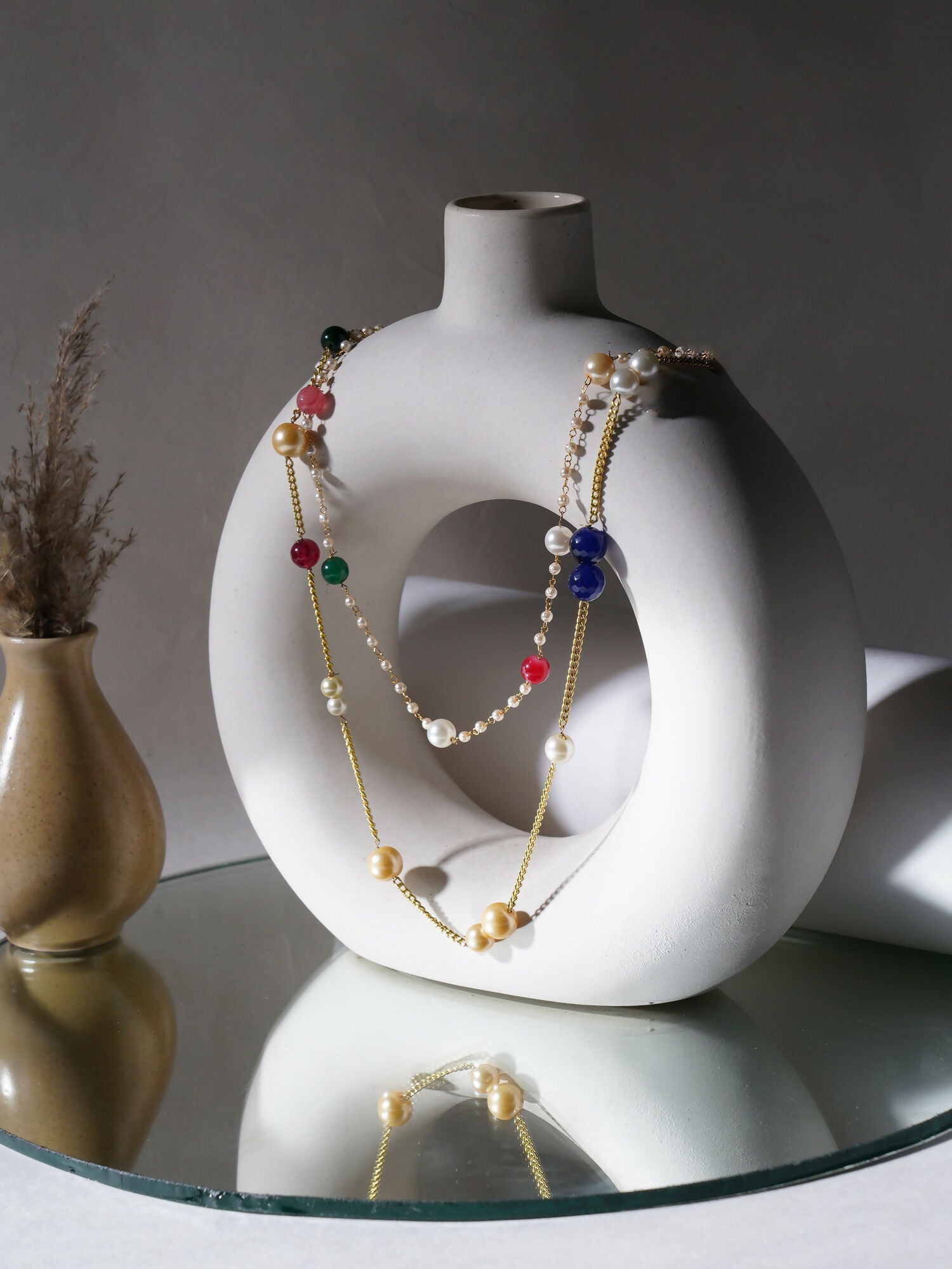 Layered Pearl and Gold Neckpiece with Multi Stones (Multi Color) - Ruby Raang