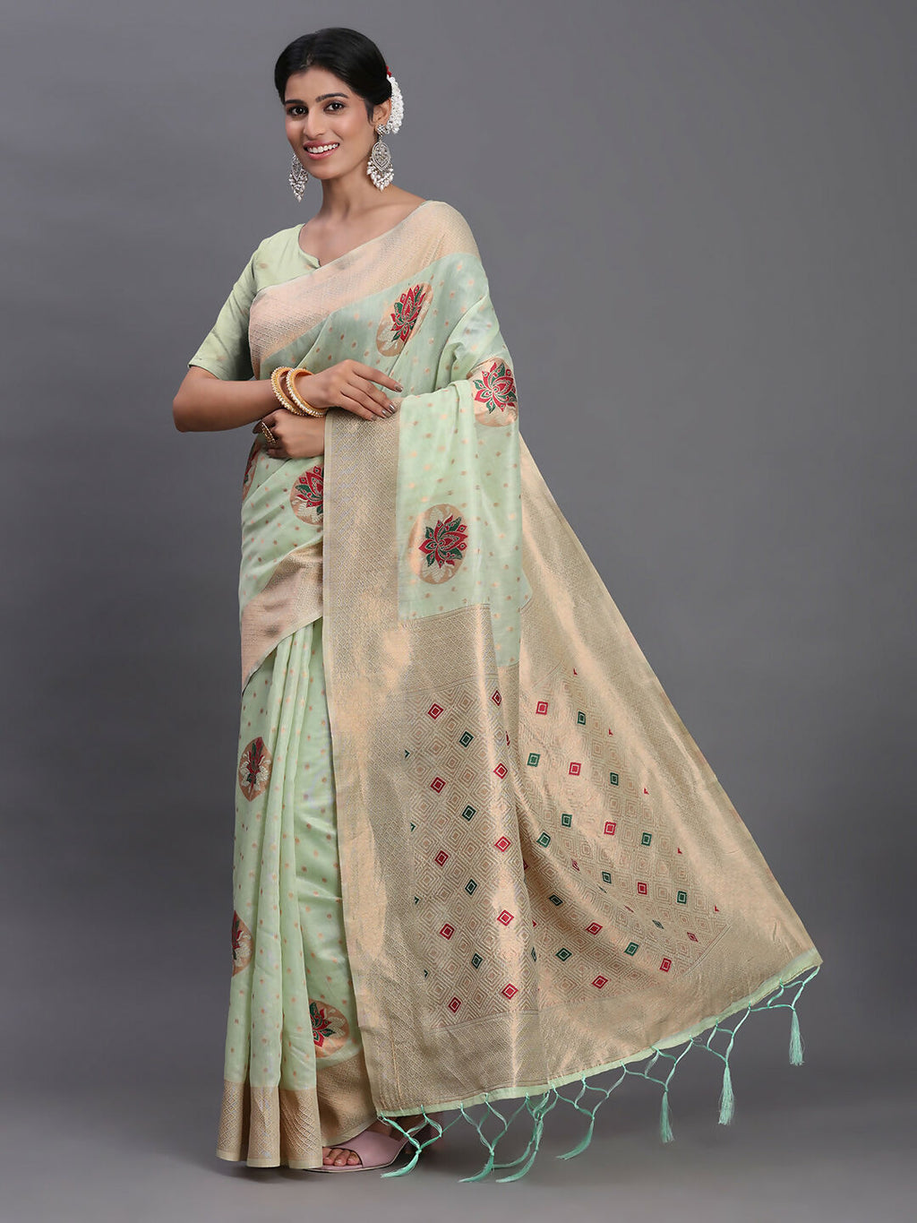 Shree Shyam Fashion Linen Cotton Light Green Saree - Distacart