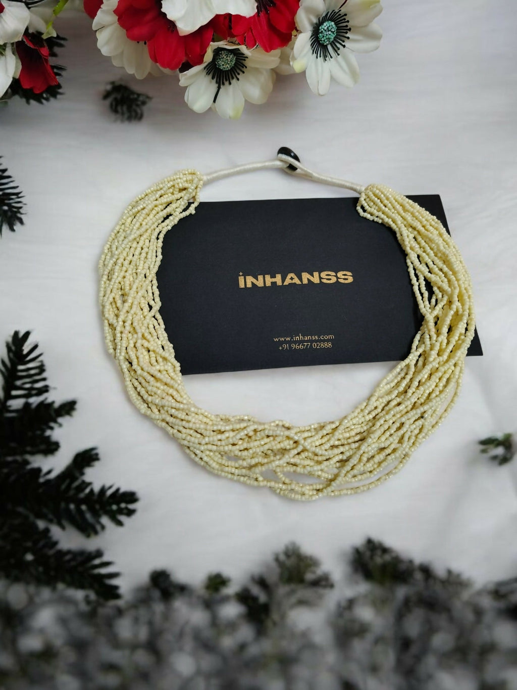 Inhanns Handmade Beaded Multilayer Necklace, 20 Layers - Cream