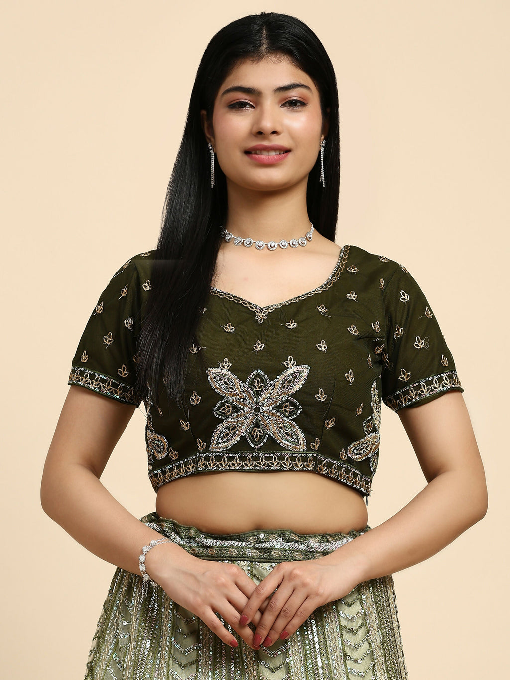 Green Fancy Net Sequence Embroidered Lehenga Choli with Dupatta - Dhara