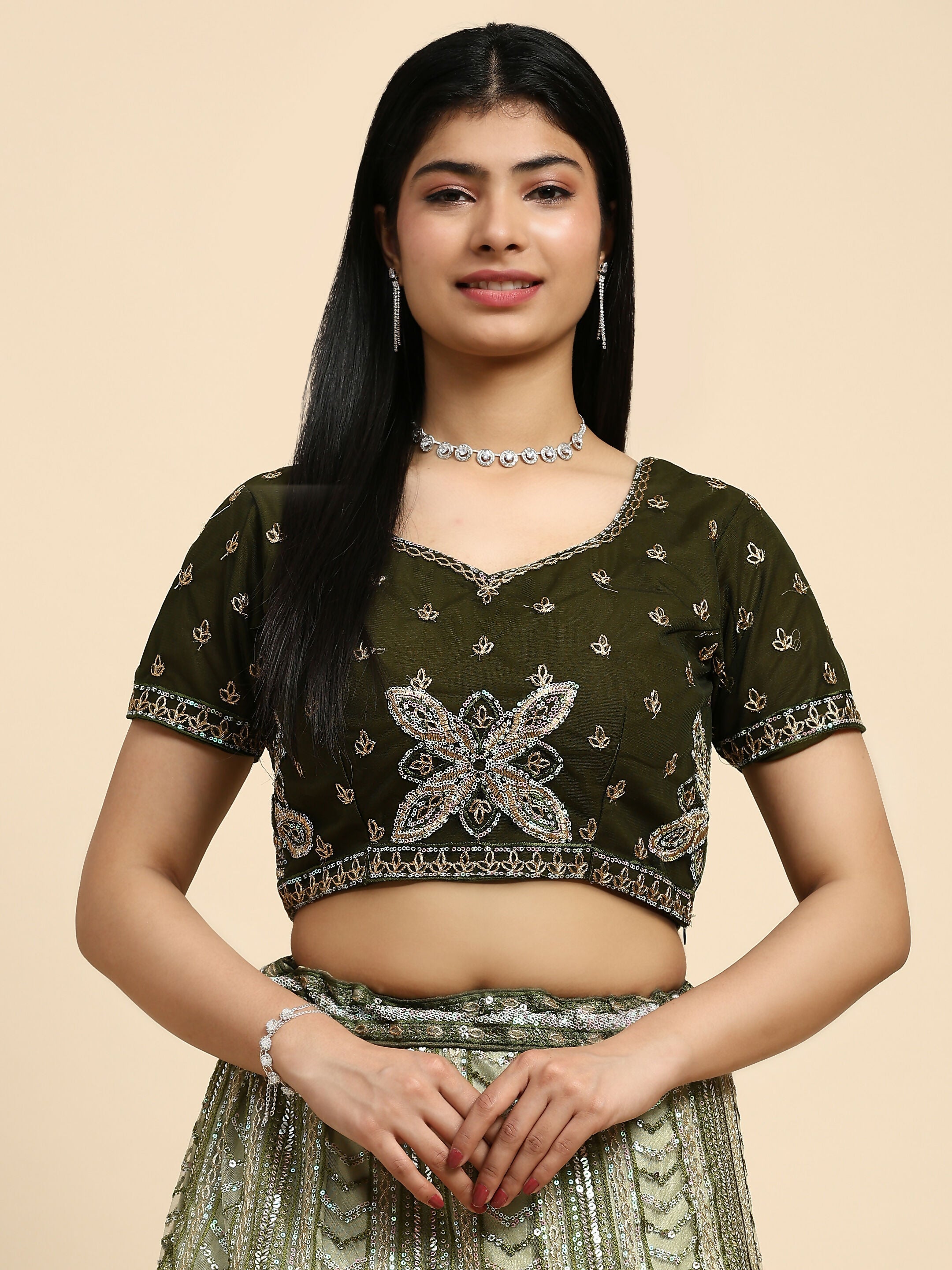 Green Fancy Net Sequence Embroidered Lehenga Choli with Dupatta - Dhara