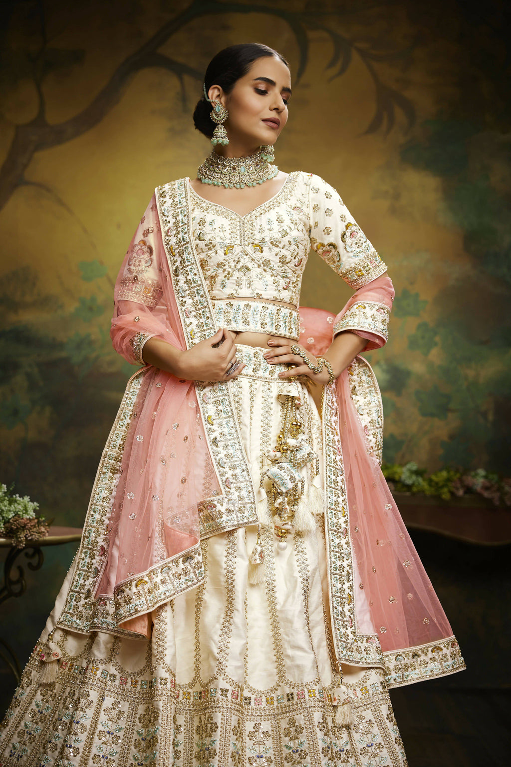 House of Panchhi Off White Pure Silk Moti & Zarkan heavy embroidery Lehenga choli & Dupatta