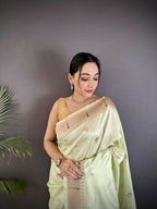 Joban Fashion Pista Green Peacock & Floral Motifs Soft Silk Kanchipuram Saree - Distacart