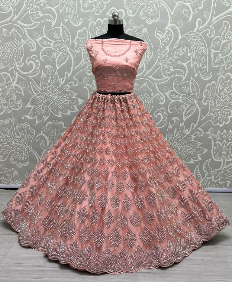 Jyoti Fashion Women's Pink Bridal Net Fancy Dori & Multi Thread Embroidered with Zircon Diamond Work Wedding Lehenga Choli