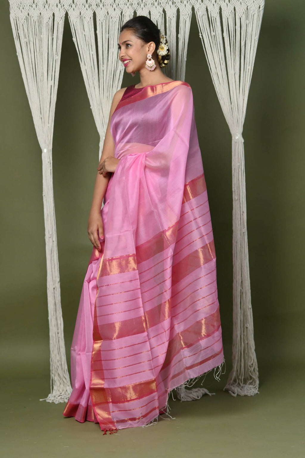 Very Much Indian Handloom Cotton Silk Maheshwari Saree With Sleek Golden Border - Rose Pink - Distacart