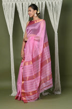 Very Much Indian Handloom Cotton Silk Maheshwari Saree With Sleek Golden Border - Rose Pink - Distacart