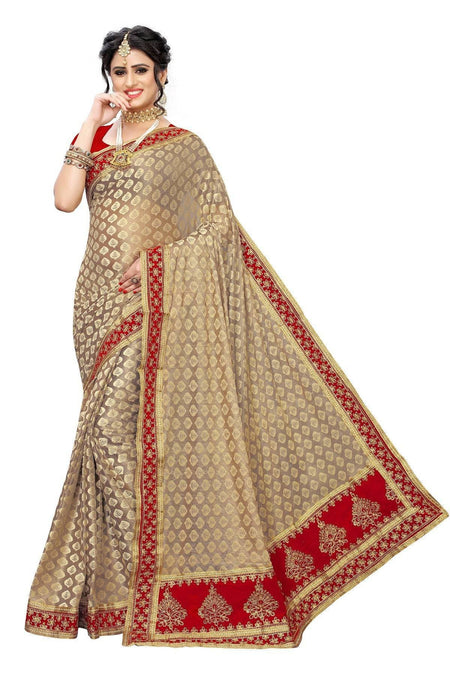Vamika Brown and Red Terry Cotton Embroidery Saree (JHARMAR RED)
