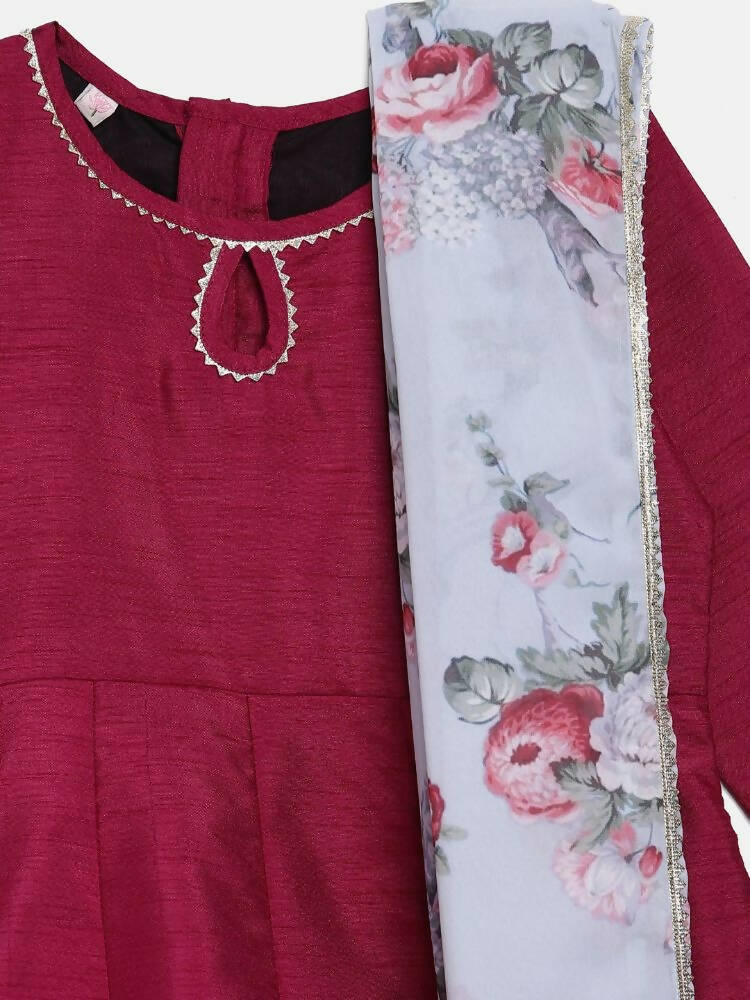 Ahalyaa Wine Poly Silk Curved Kids Kurta Palazzo Set With Bottom For Girls