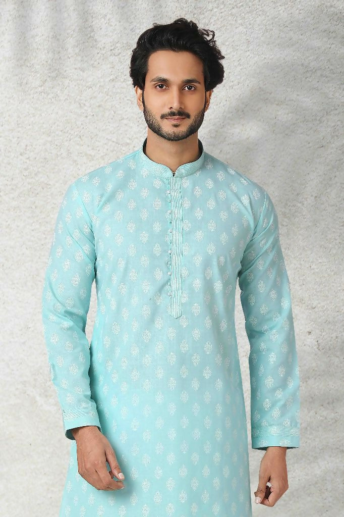 Raivat Ethnic Cotton Printed Work Kurta Pajama In Sea Green Colour