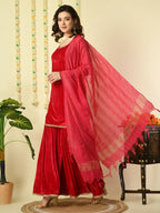 Myshka Women's Pink Velvet Kurti & Sharara With Dupatta Party Sets