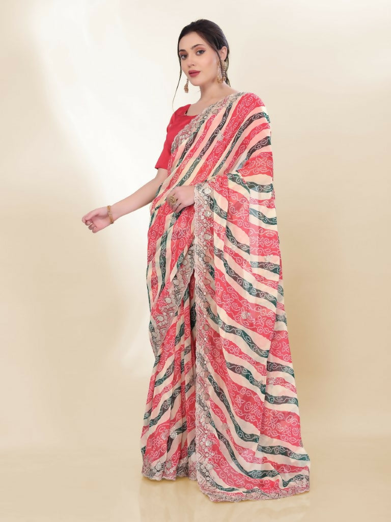 Off White Georgette Bandhani Printed,Embroidery Work Saree - Bandhan