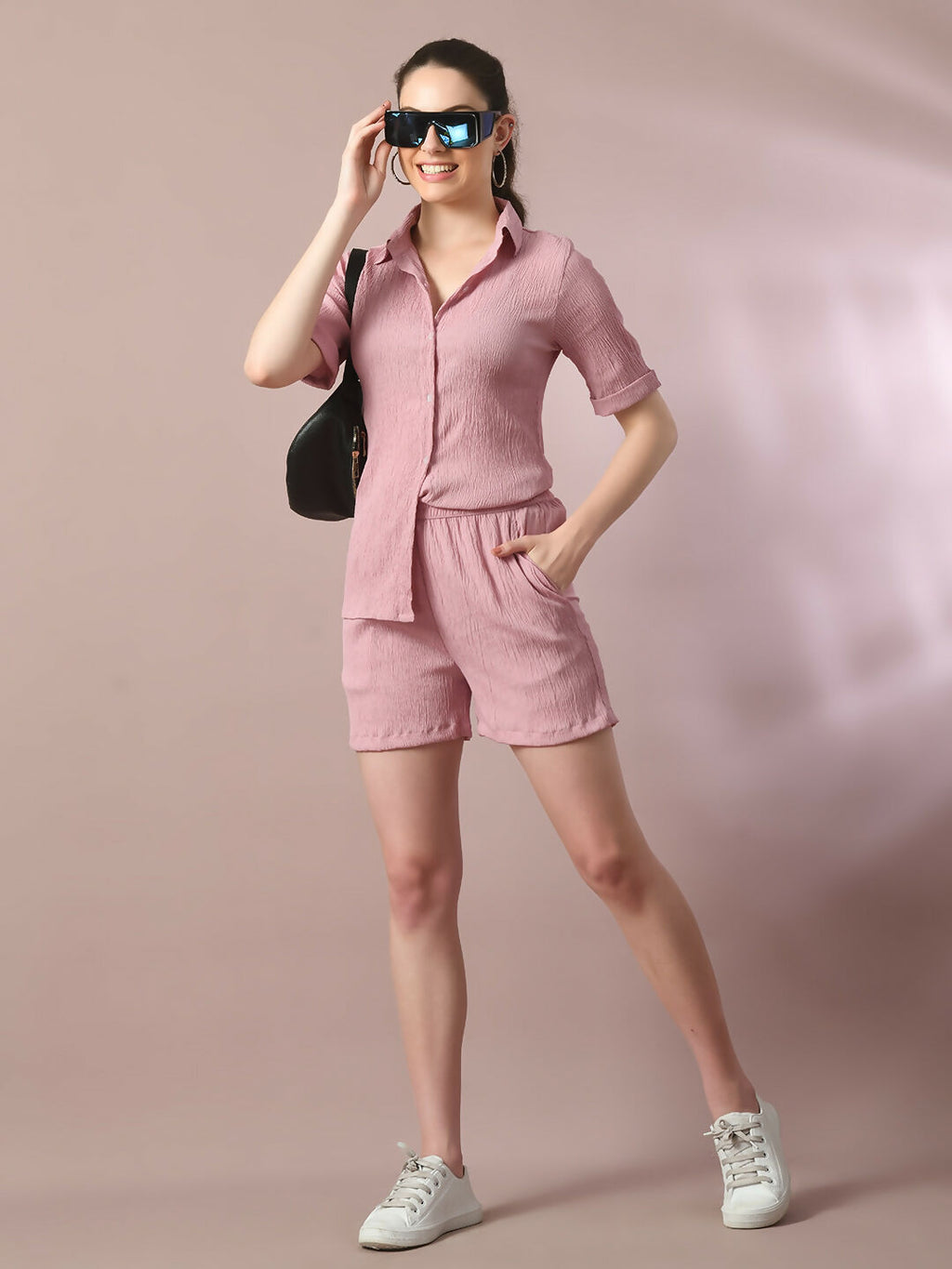 Myshka Women's Pink Solid Shirt Collar Party Shirt With Shorts Co-ord set