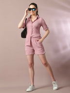 Myshka Women's Pink Solid Shirt Collar Party Shirt With Shorts Co-ord set