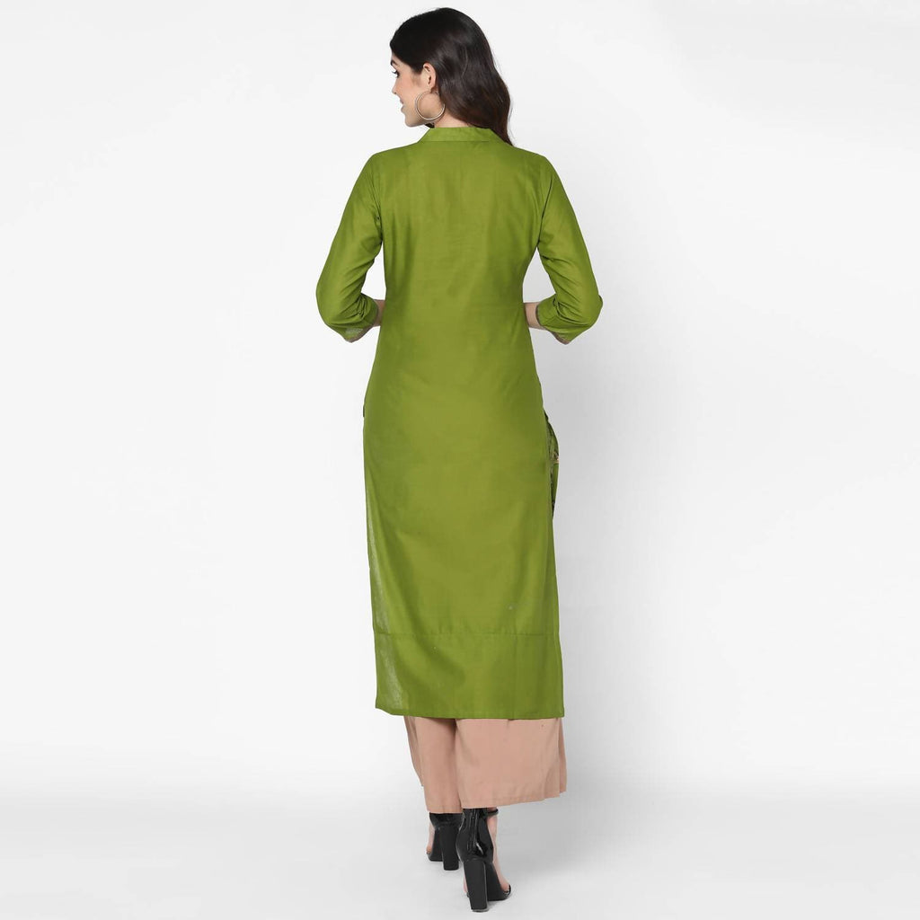 Cheera Hand Block Print Olive Green Straight Kurta (MAAI-044K)
