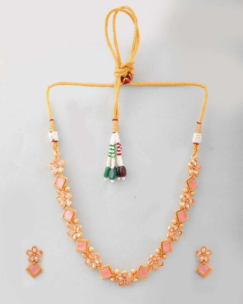 VOJ Gold Tone Kundan And Pink Stone Studded Jewellery Set