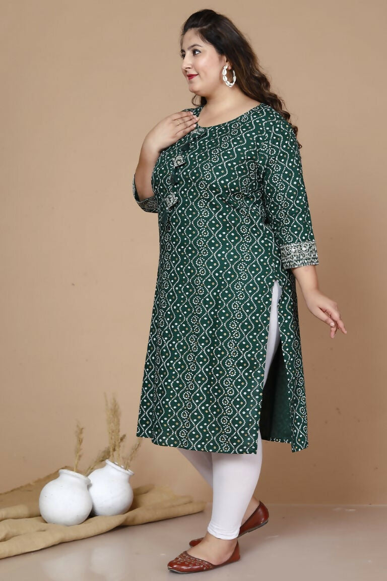 Miravan Women's Plus Size Rayon Bandhani Print Straight Kurta Green