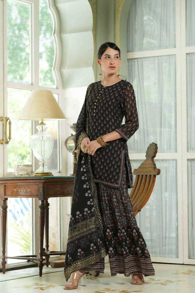 Juniper Black Georgette Festive Floral Print Straight Tunic-Sharara For Women - Distacart