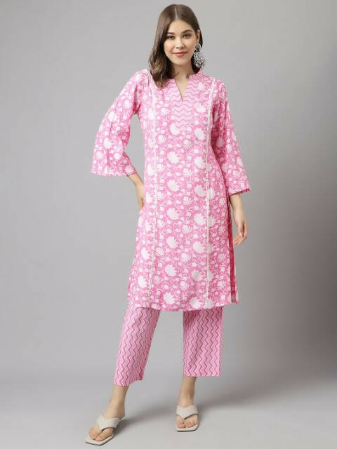 FIORRA Women's Pink Cotton A-Line Kurta Set