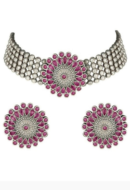 Mominos Fashion Johar Kamal Oxidised Silver-Plated Brass Finish Kundan Choker For Women (Pink)