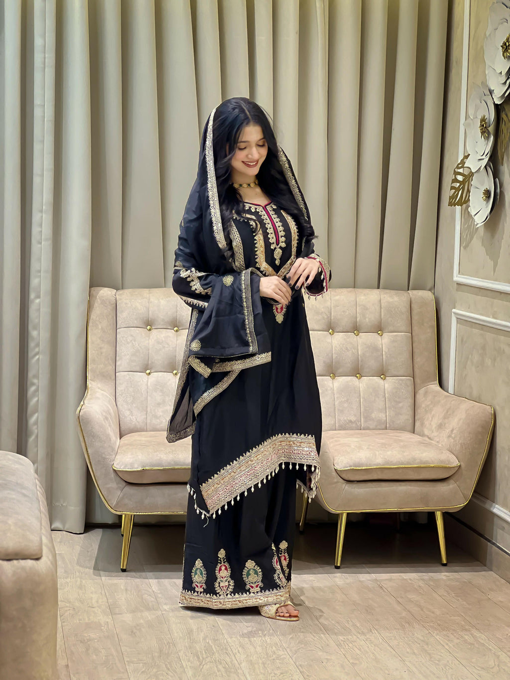 Teeya Creation Black Color Chinon Silk Party Wear Trending Palazzo Set - Distacart
