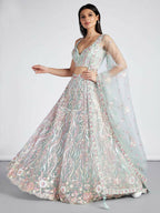 House of Panchhi Lime Green Net Sequins And Thread Embroidery Lehenga Choli & Dupatta