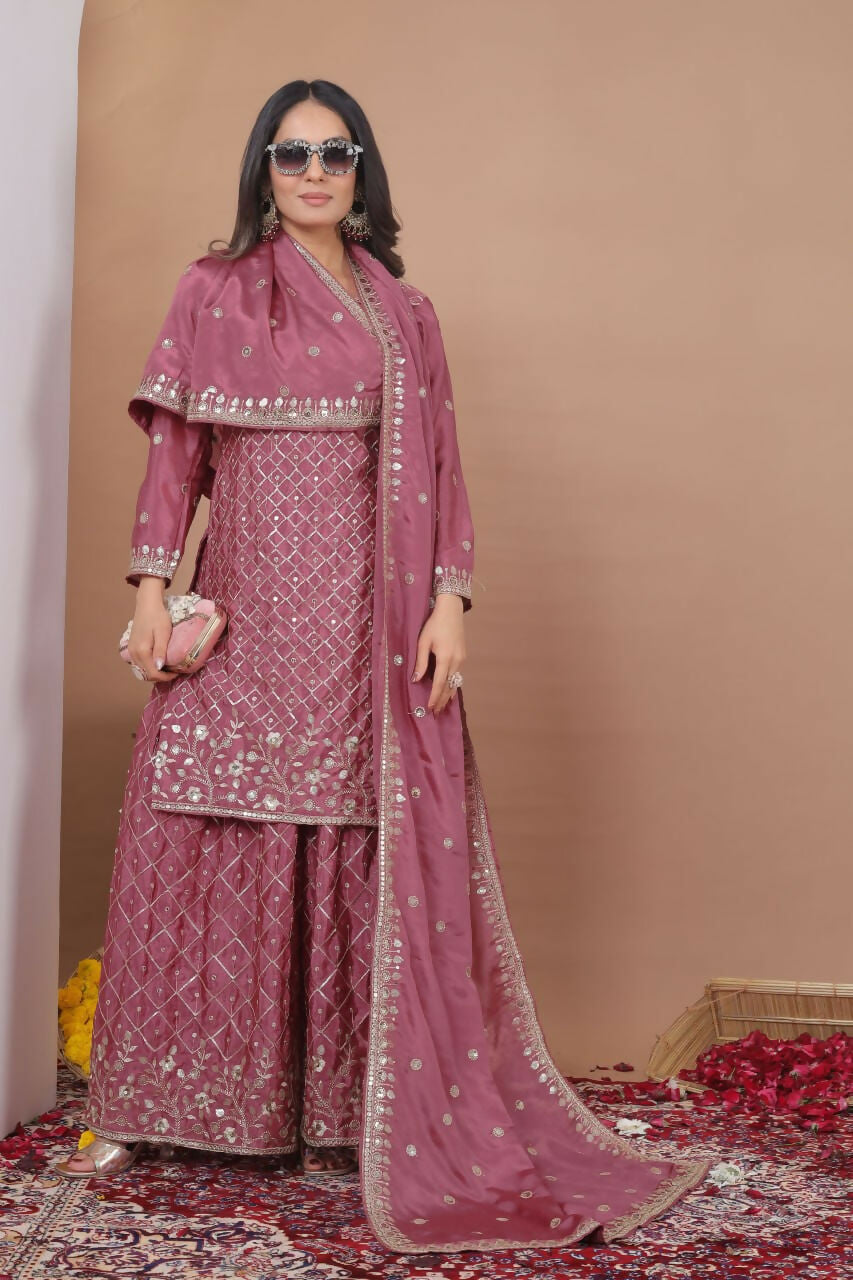 Teeya Creation Dark Onion Color Chinon Silk Wedding Wear Trending Palazzo Set - Distacart