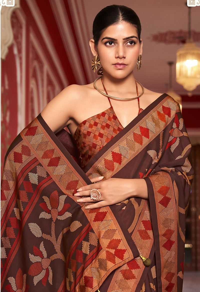 Monjolika Fashion Silk Blend Brown Printed Saree - Distacart