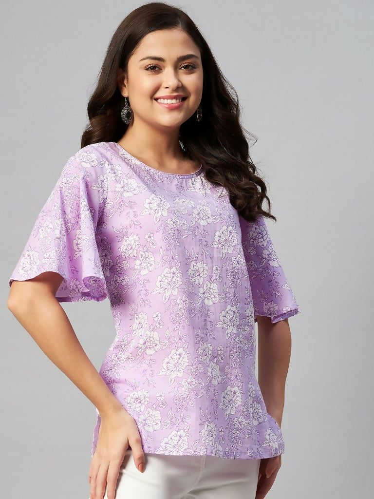 Miravan Women's Lavender-Coloured Bell Sleeve Floral Print Kurti