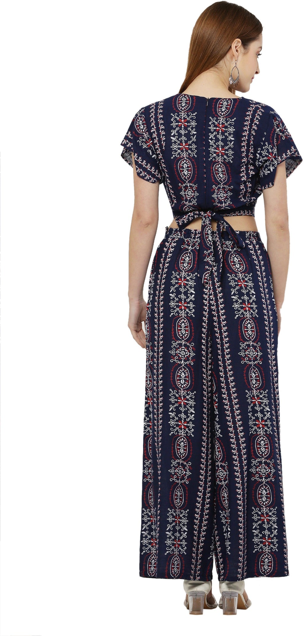 PAVONINE Navy Blue Color Printed Crop Top And Flared Palazzo Set For Girls & Women - Distacart