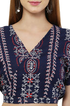 PAVONINE Navy Blue Color Printed Crop Top And Flared Palazzo Set For Girls & Women - Distacart