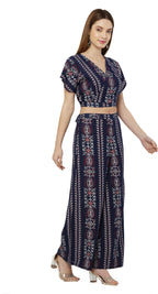 PAVONINE Navy Blue Color Printed Crop Top And Flared Palazzo Set For Girls & Women - Distacart