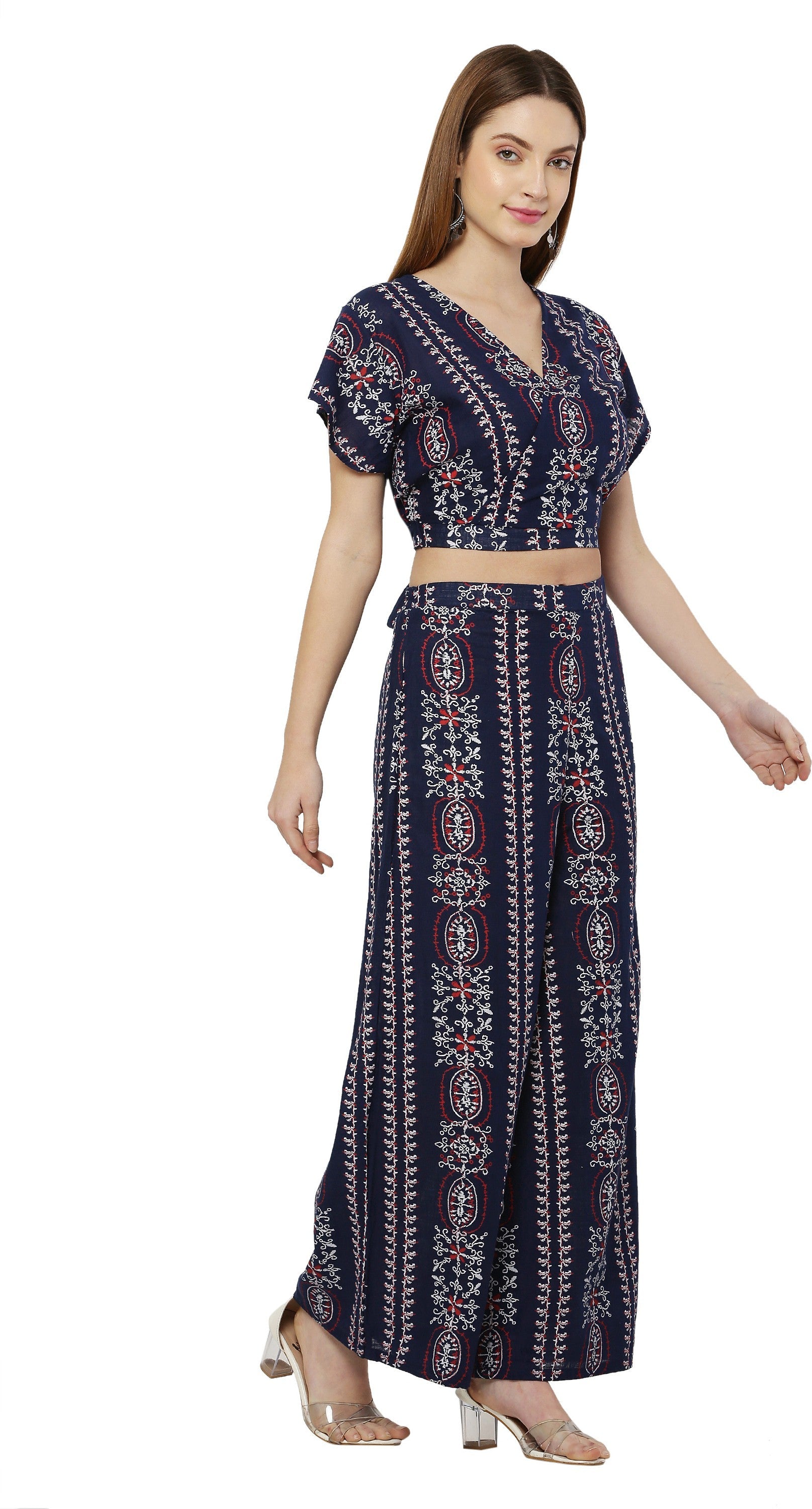 PAVONINE Navy Blue Color Printed Crop Top And Flared Palazzo Set For Girls & Women - Distacart