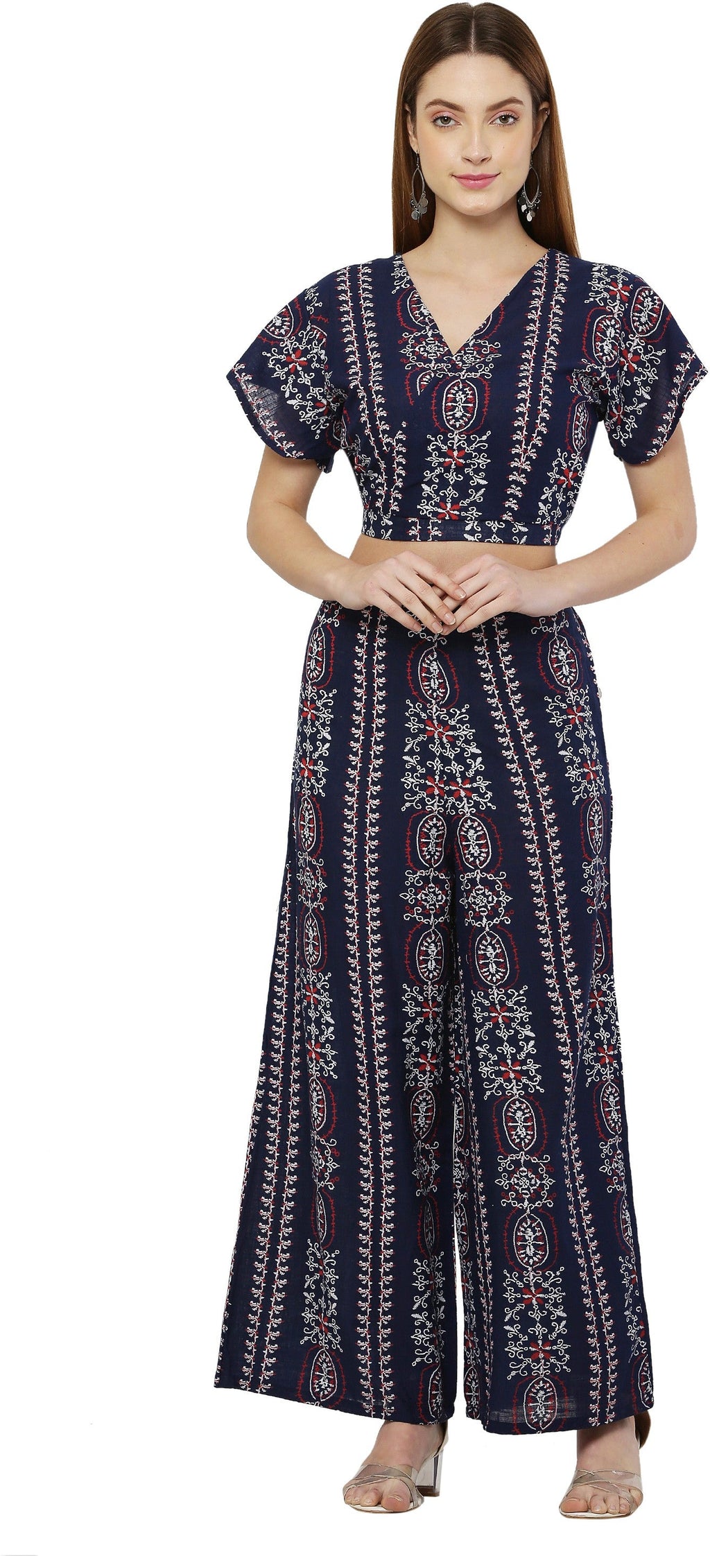 PAVONINE Navy Blue Color Printed Crop Top And Flared Palazzo Set For Girls & Women - Distacart