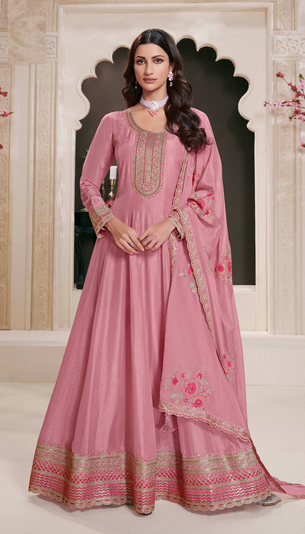 Anaita Pink Embroidered Work Silk Stitched Anarkali Suit - Distacart