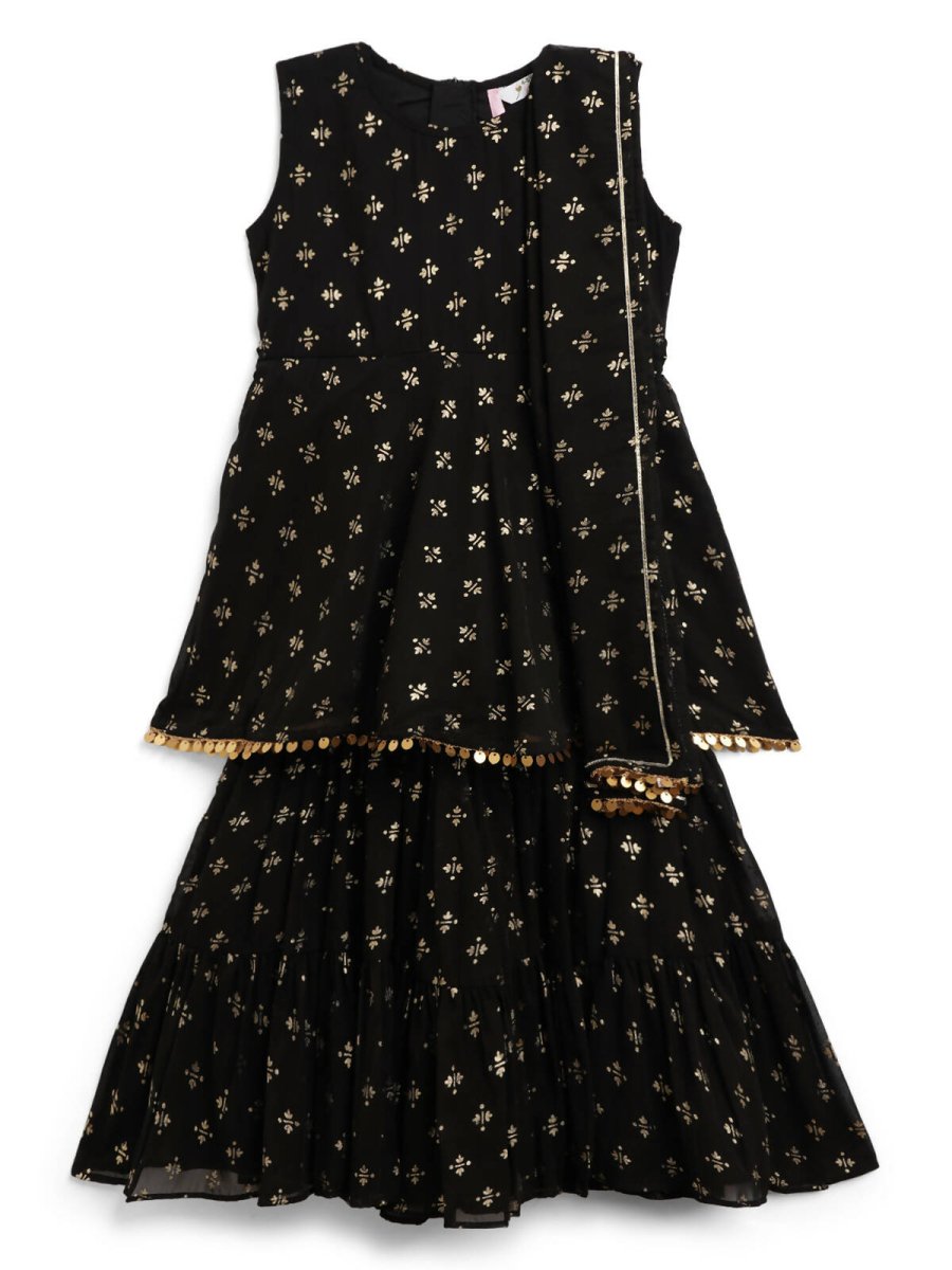 Ahalyaa Black Georgette Gold Foil Print Kids Peplum style Kurta Sharara Set With Dupatta For Girls