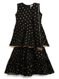 Ahalyaa Black Georgette Gold Foil Print Kids Peplum style Kurta Sharara Set With Dupatta For Girls